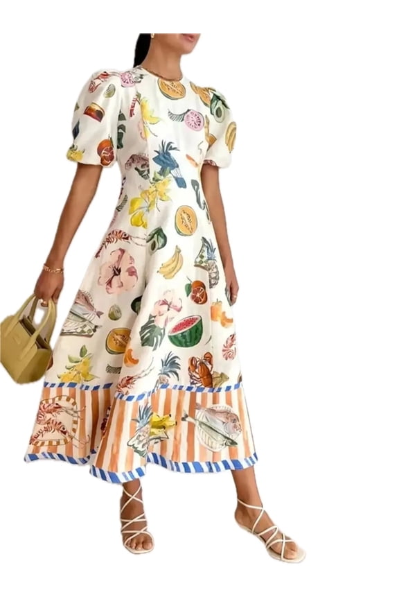 Women's Printed Round Neck Puff Sleeve Dress 100% Polyester Tiered Ruffle Style for Everyday Wear Great Fit and Comfort