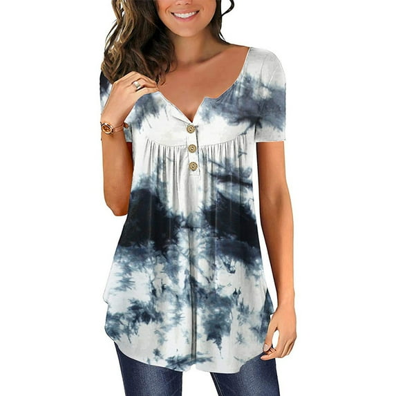 Women's Printed Round Neck Ruched Casual Short Sleeve Shirt