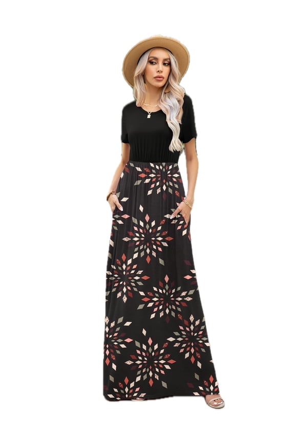 Women's Printed Round Neck Short Sleeve Maxi Dress 95% Polyester 5% Elastane Opaque Casual Everyday Soft stretch fabric