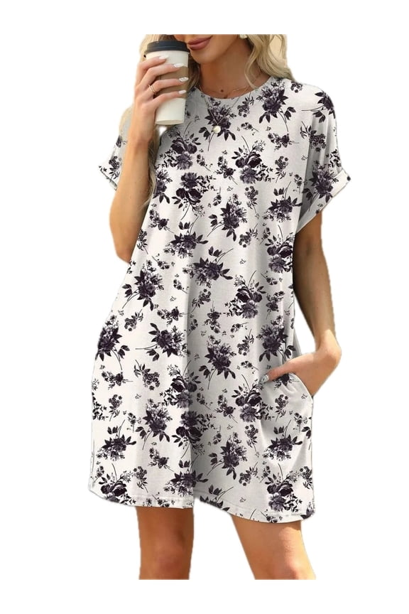 Women's Printed Round Neck Short Sleeve Mini Dress 65% rayon 30% polyester 5% spandex Lightweight Comfortable Wear