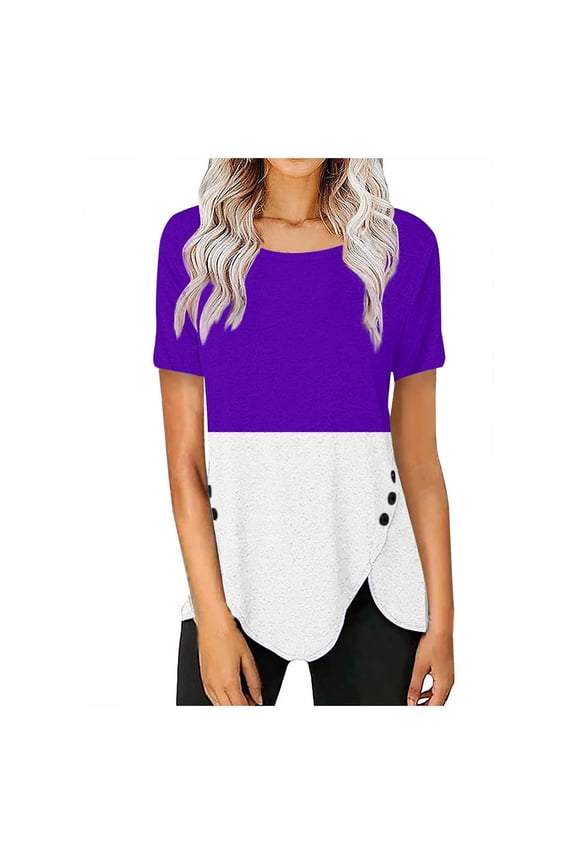 Women's Printed Round Neck Short Sleeve T-shirt Blouse - Loose Fit Geometric Pattern Button Detail Top, Casual Cotton Tee for Everyday Wear, Summer Fashion, Comfortable and Versatile