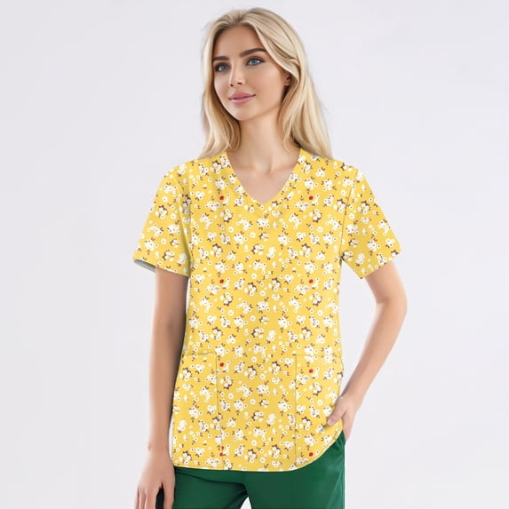 Women's Printed Scrub Tops, Personality Sunflower Pattern Short Sleeve Work Uniform, Plus Size V-Neck Stretch Scrubs with Pockets