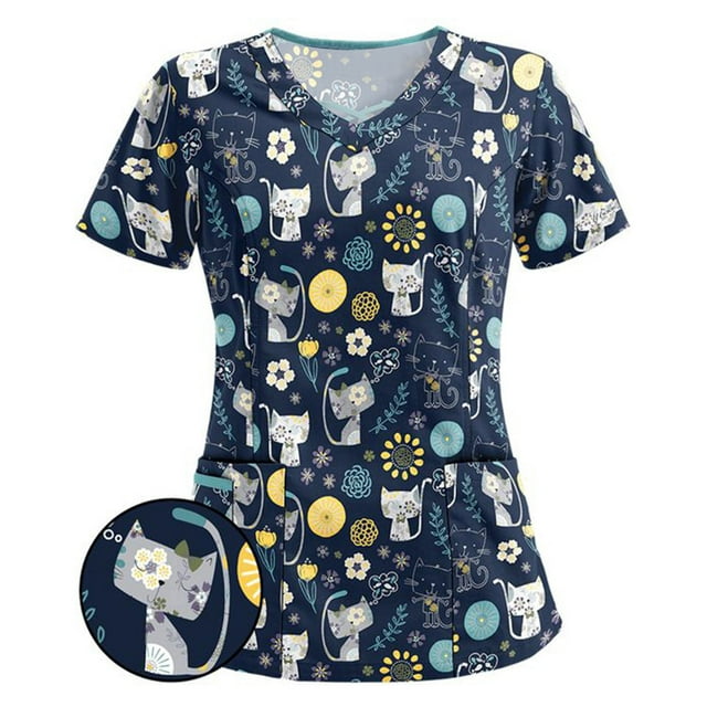 Women's Printed Scrub_Tops Plus Size Short Sleeve V-Neck Fun T Shirts Workwear Nurse Uniform Tee with Pockets