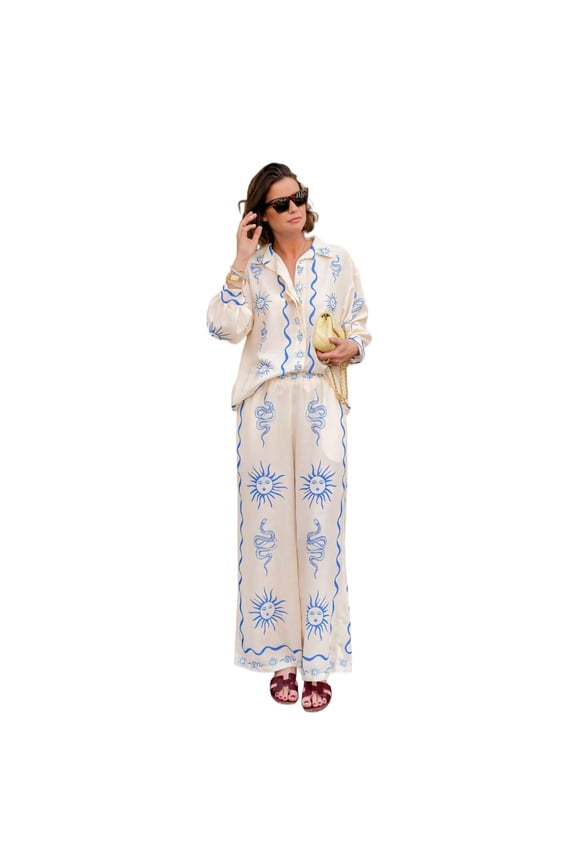 Women's Printed Shirt Set, Long Sleeve Button Down Casual 2 Piece Outfit