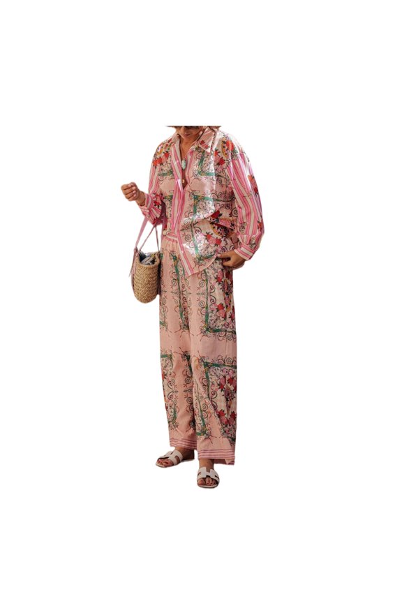 Women's Printed Shirt Set, Long Sleeve Button Down Casual 2 Piece Outfit