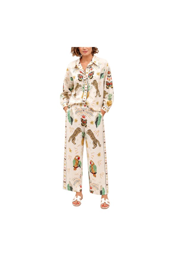 Women's Printed Shirt Set, Long Sleeve Button Down Casual 2 Piece Outfit