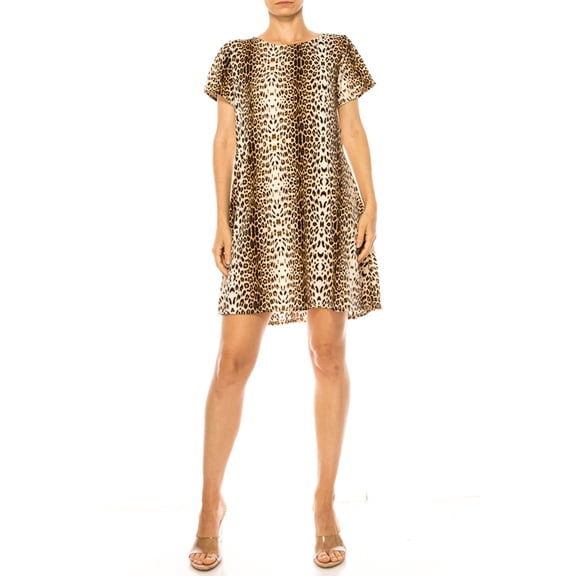 Women's Printed Short Sleeve Dress with Round Neckline and Side Pockets