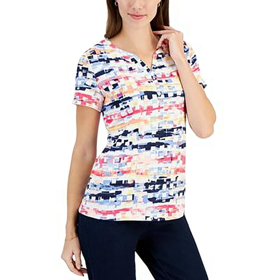 Women's Printed Short-Sleeve Henley Top White/Rose L