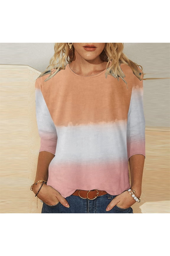 Women's 3/4 Sleeves T Shirts Baggy Casual Blouse Tops Shirt for Women Fall Henley Crew Neck Holiday Tie Dye Gradient Color Block Tunic Loose Casual Tee Tops Khaki S