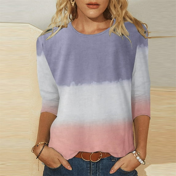 QLEICOM Women's 3/4 Sleeves T Shirts Baggy Casual Blouse Tops Shirt for Women Fall Henley Crew Neck Holiday Tie Dye Gradient Color Block Tunic Loose Casual Tee Tops Pink XXL