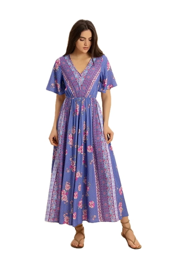 Women's Printed Short Sleeve Midi Dress Featuring viscose % fabric Ruched Silhouette for Flattering Fit and Everyday Wear