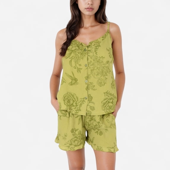 Women's Printed Sleepwear Set with Button-Front Tank Top and Ruffled Hem Shorts - Small, Green