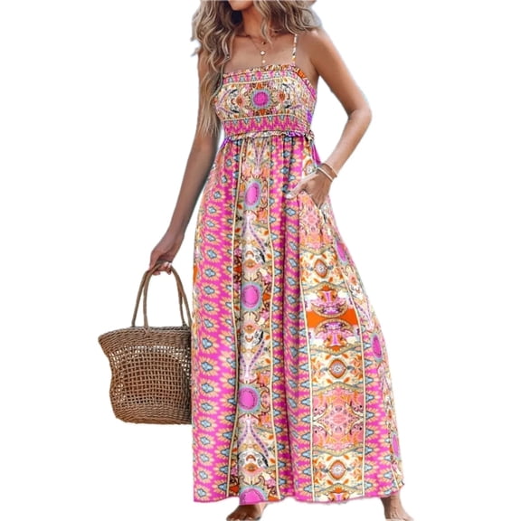Women's Printed Smocked Maxi Cami Dress Lightweight Sleeveless Boho Style Summer Everyday Wear 100% Polyester