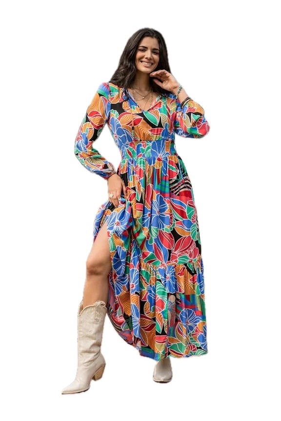 Women's Printed Smocked Tie Neck Balloon Sleeve Maxi Dress 100% viscose fabric for any day and flattering silhouette
