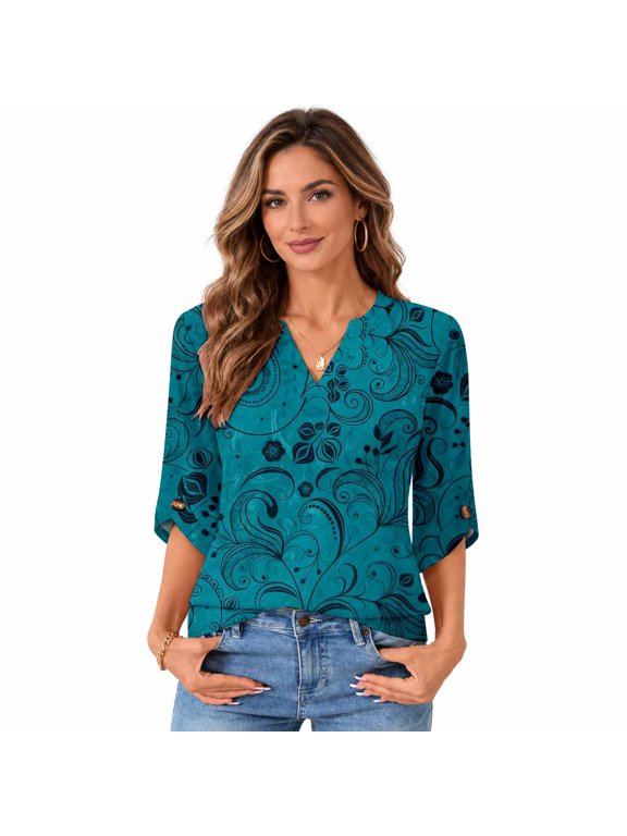 Women's Printed Split Neck 3/4 Sleeve Casual Blouse Top