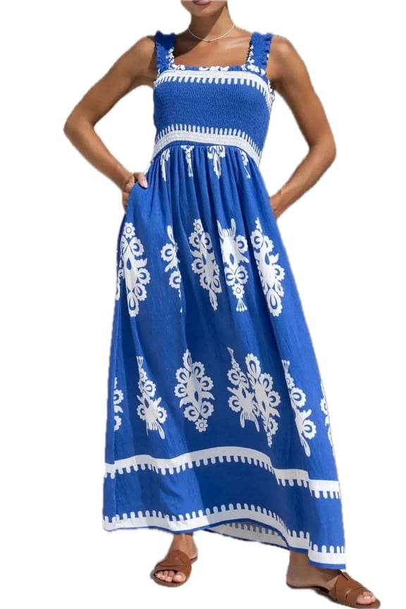 Women's Printed Square Neck Cami Dress with Pockets Smocked Ruched Details Lightweight Versatile 100% Polyester Fabric