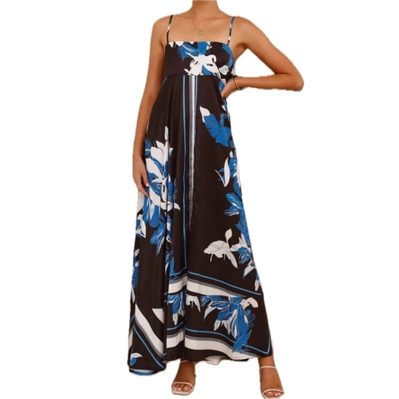 Women's Printed Square Neck Cami Maxi Dress with Side Slit and Stretch 95% Cotton 5% Spandex for Everyday Wear