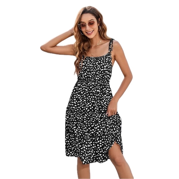 Women's Printed Square Neck Tie Shoulder Dress 100% Polyester Fabric with Lightweight Sheer Look and Easy Care