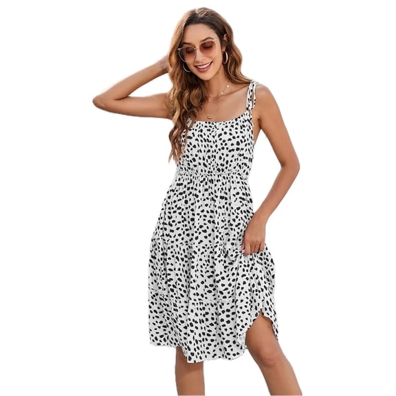 Women's Printed Square Neck Tie Shoulder Dress 100% Polyester Fabric with Lightweight Sheer Look and Easy Care