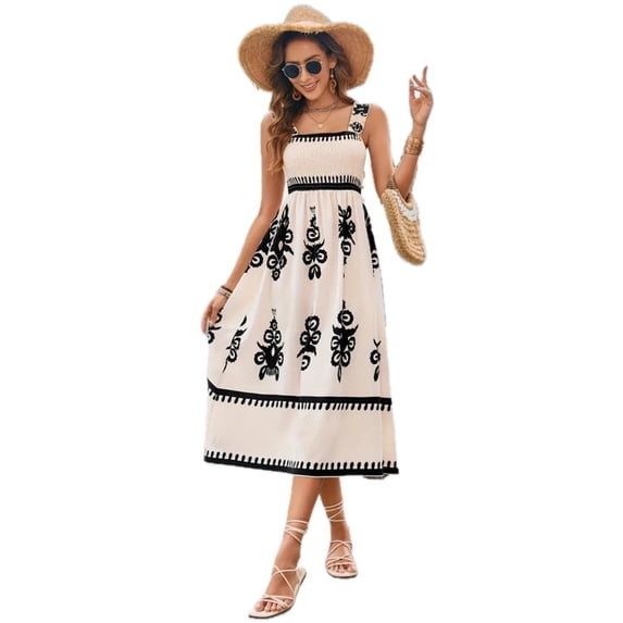 Women's Printed Square Neck Wide Strap Midi Dress 100% Polyester Lightweight Everyday Chic for Summer Events Collection
