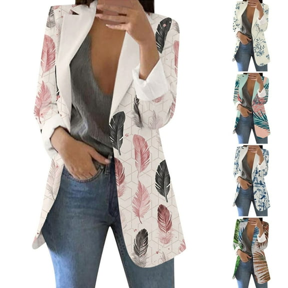 Women's Printed Suit Cardigan Coat, Fashion Casual Long Sleeve Loose Comfortable Open Front Blazer for Daily Wear and Office Outfits, in Beige, Size L