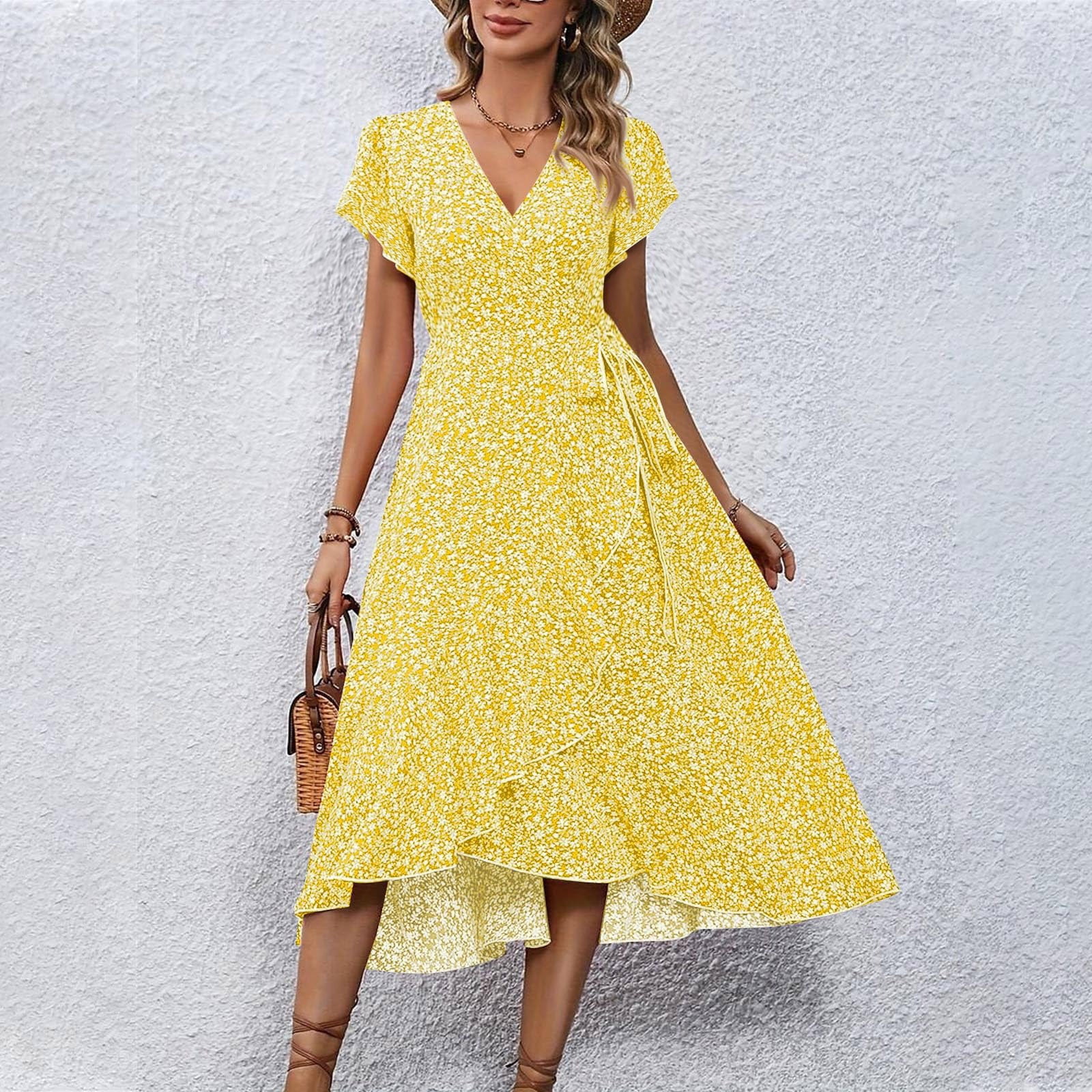 short yellow flowy dress Women's Flippy Hem Belted Ditsy Floral Print Dress Yellow Color PLM22- –  Pascalelamode