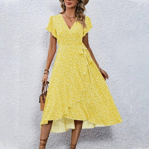 Women's Printed Summer Dress Short Sleeve Casual Flowy Dresses Yellow S