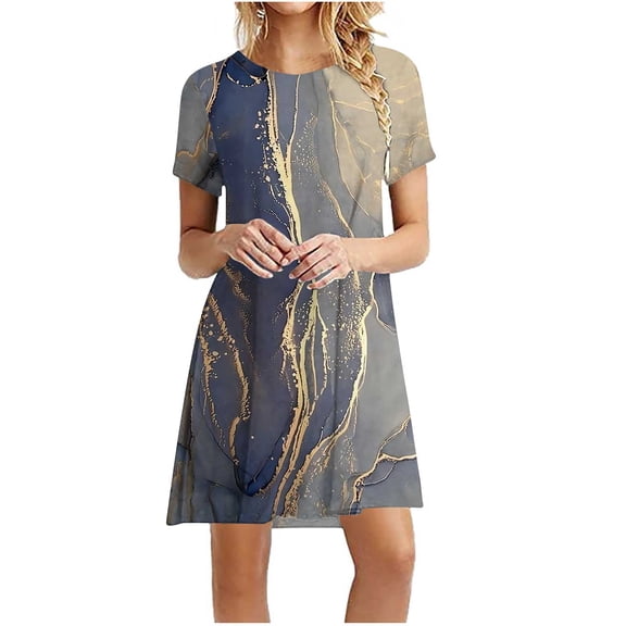 Women's Printed Summer Dress Short Sleeve Round Neck Casual Knee Length Dresses Brown S