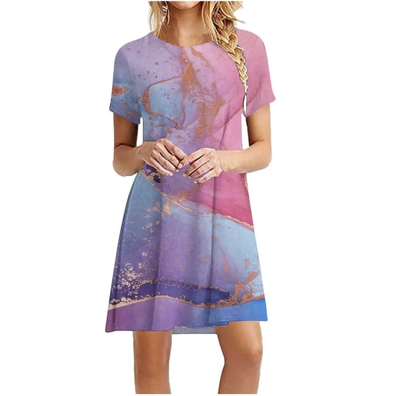 Women's Printed Summer Dress Short Sleeve Round Neck Casual Knee Length Dresses Pink S