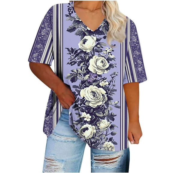 Women's Printed Summer Shirts Plus Size Loose Fitted Tunic Tops V Neck Short Sleeve Tees Dressy Flowy T-Shirt Vacation Beach Party Going Out Blouses