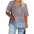 thumbnail image 1 of Women's Printed Summer Shirts Plus Size Loose Fitted Tunic Tops V Neck Short Sleeve Tees Dressy Flowy T-Shirt Vacation Beach Party Going Out Blouses, 1 of 4