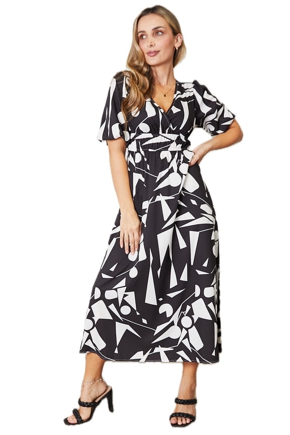 Women's Printed Surplice Balloon Sleeve Midi Dress with Elegant Neckline 95% Polyester 5% Spandex Lightweight daily wear