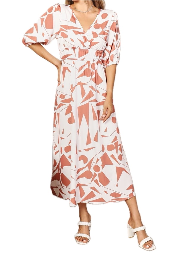 Women's Printed Surplice Balloon Sleeve Midi Dress with Elegant Neckline 95% Polyester 5% Spandex Lightweight daily wear