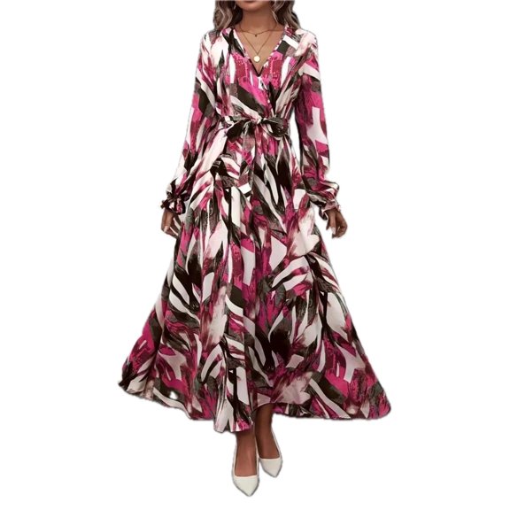 Women's Printed Surplice Flounce Sleeve Maxi Dress Belted for Everyday Elegance 100% Polyester Fabric for All Season