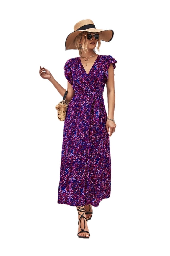 Women's Printed Surplice Neck Flutter Sleeve Midi Dress with Belted Waist and Slit 95% polyester 5% spandex daily