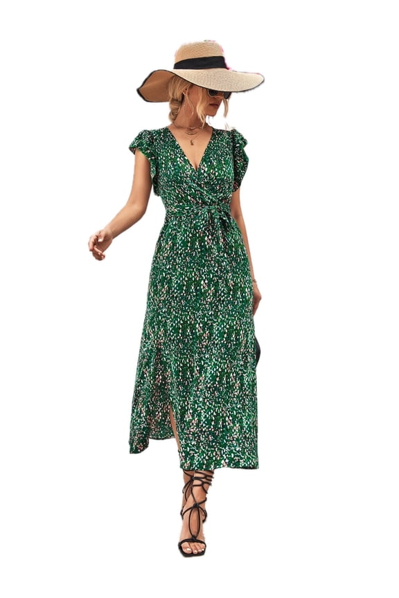 Women's Printed Surplice Neck Flutter Sleeve Midi Dress with Belted Waist and Slit 95% polyester 5% spandex daily