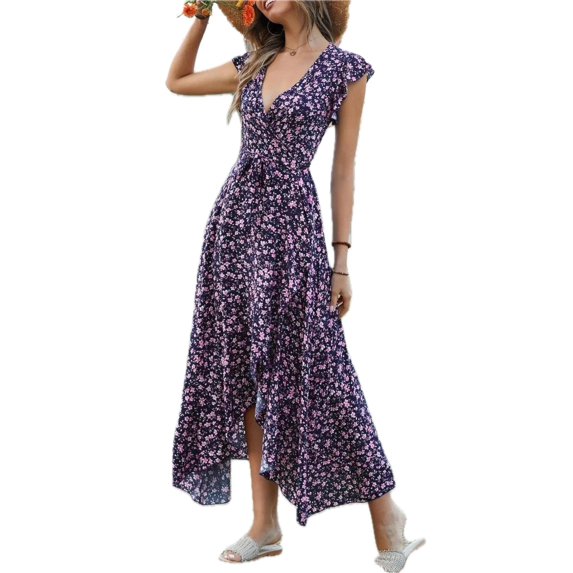 Women's Printed Surplice Ruffle Sleeve Dress 100% Cotton Lightweight Comfort Casual Easy Care High Low Hem Everyday Wear