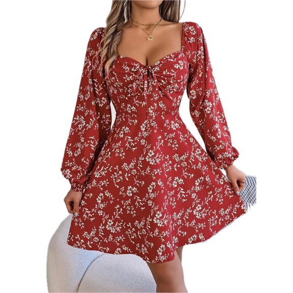 Women's Printed Sweetheart Neck Balloon Sleeve Mini Dress 100% Polyester Lightweight Everyday Summer Casual Chic Dress