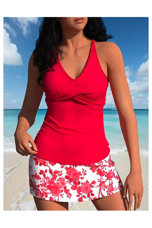 Women's Printed Swimsuit Set Two Piece Bathing Suit Flattering High Waist Bikini Vintage Floral Swimwear for Teens & Women with Shorts