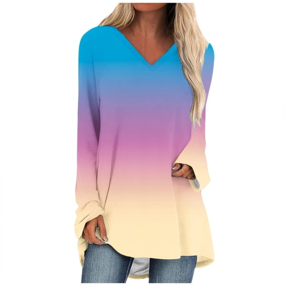 Women's Printed T-shirt Long Sleeves Blouse V-Neck Casual