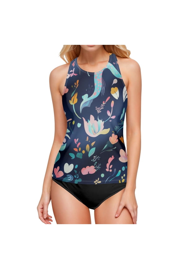 Women's Printed Tankini Top - High Elasticity Slim-Fit Swimsuit with Removable Straps & Cups, Perfect for Beach & Pool Parties,Cute Sea Creatures Pattern