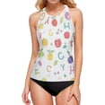 thumbnail image 1 of Women's Printed Tankini Top - High Elasticity Slim-Fit Swimsuit with Removable Straps & Cups, Perfect for Beach & Pool Parties，Many Fruits and Letters, 1 of 7