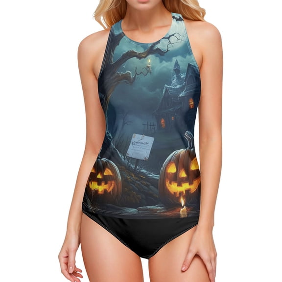 Women's Printed Tankini Top - High Elasticity Slim-Fit Swimsuit with Removable Straps & Cups, Perfect for Beach & Pool Parties，Pumpkin under The Moonlight