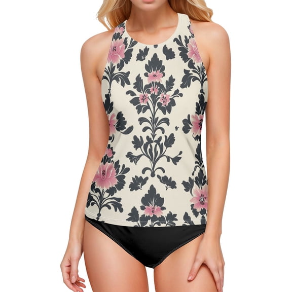 Women's Printed Tankini Top - High Elasticity Slim-Fit Swimsuit with Removable Straps & Cups, Perfect for Beach & Pool Parties,Victorian Wallpaper Pattern