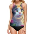 thumbnail image 1 of Women's Printed Tankini Top - High Elasticity Slim-Fit Swimsuit with Removable Straps & Cups, Perfect for Beach & Pool Parties，A Cute Calico Cat, 1 of 7