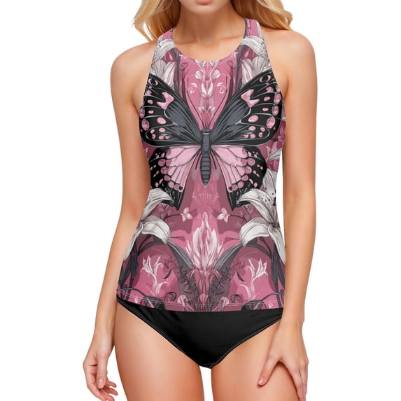 Women's Printed Tankini Top - High Elasticity Slim-Fit Swimsuit with Removable Straps & Cups, Perfect for Beach & Pool Parties,Beautiful Butterfly