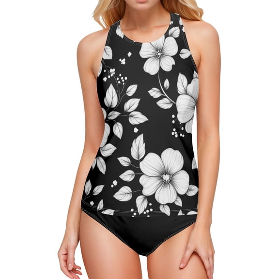 Women's Printed Tankini Top - High Elasticity Slim-Fit Swimsuit with Removable Straps & Cups, Perfect for Beach & Pool Parties,Black and White Flora
