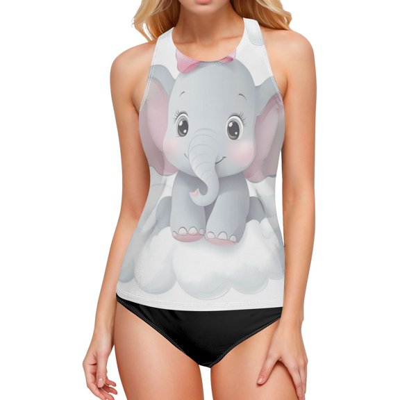 Women's Printed Tankini Top - High Elasticity Slim-Fit Swimsuit with Removable Straps & Cups, Perfect for Beach & Pool Parties，Cute Baby Elephant