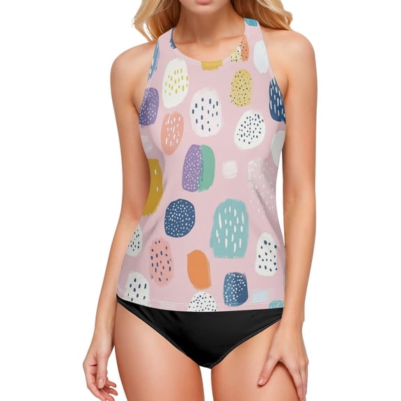 Women's Printed Tankini Top - High Elasticity Slim-Fit Swimsuit with Removable Straps & Cups, Perfect for Beach & Pool Parties,Dots