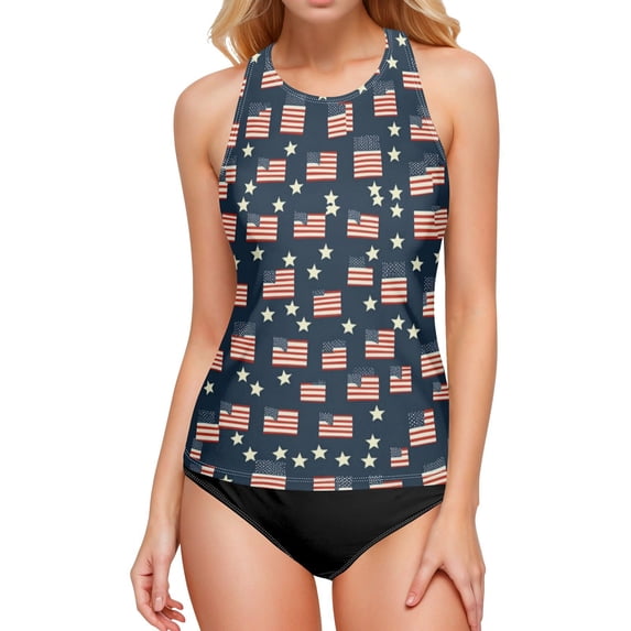 Women's Printed Tankini Top - High Elasticity Slim-Fit Swimsuit with Removable Straps & Cups, Perfect for Beach & Pool Parties,Flags